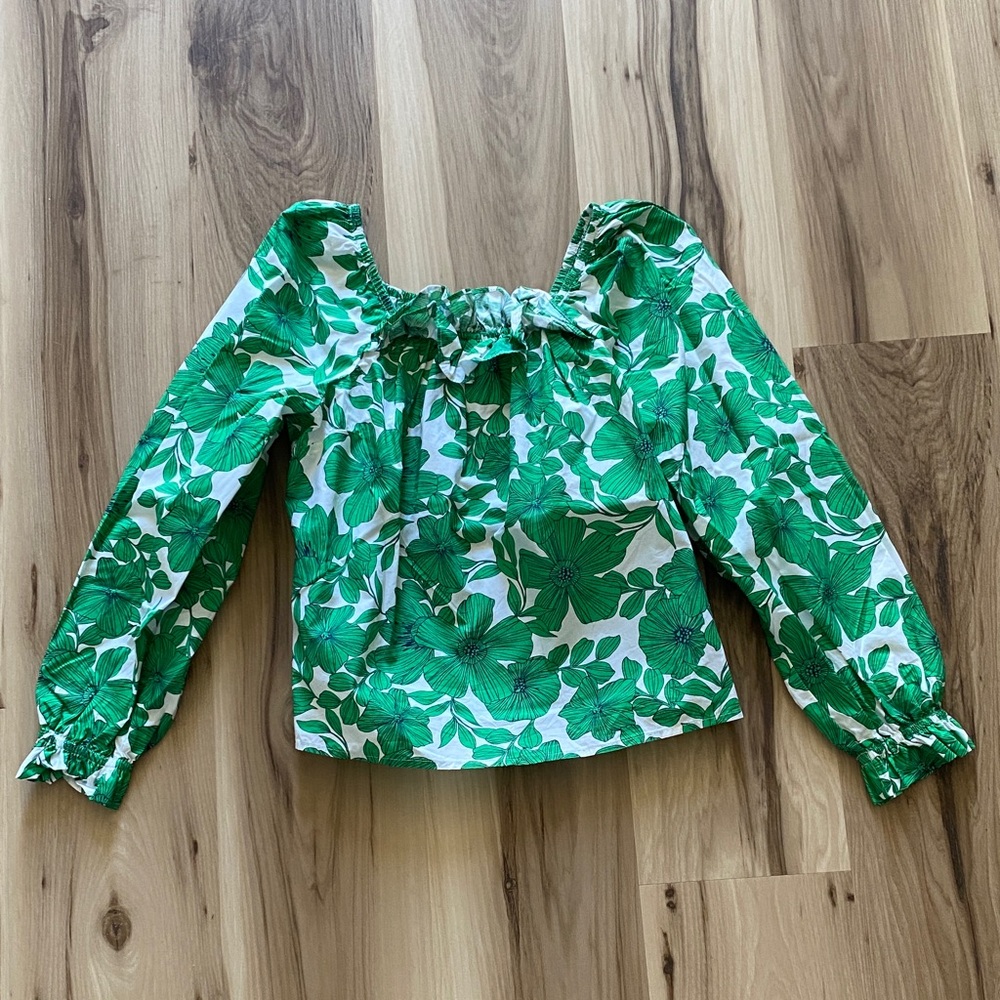J Crew Green Floral Off-Shoulder Long Sleeve Top